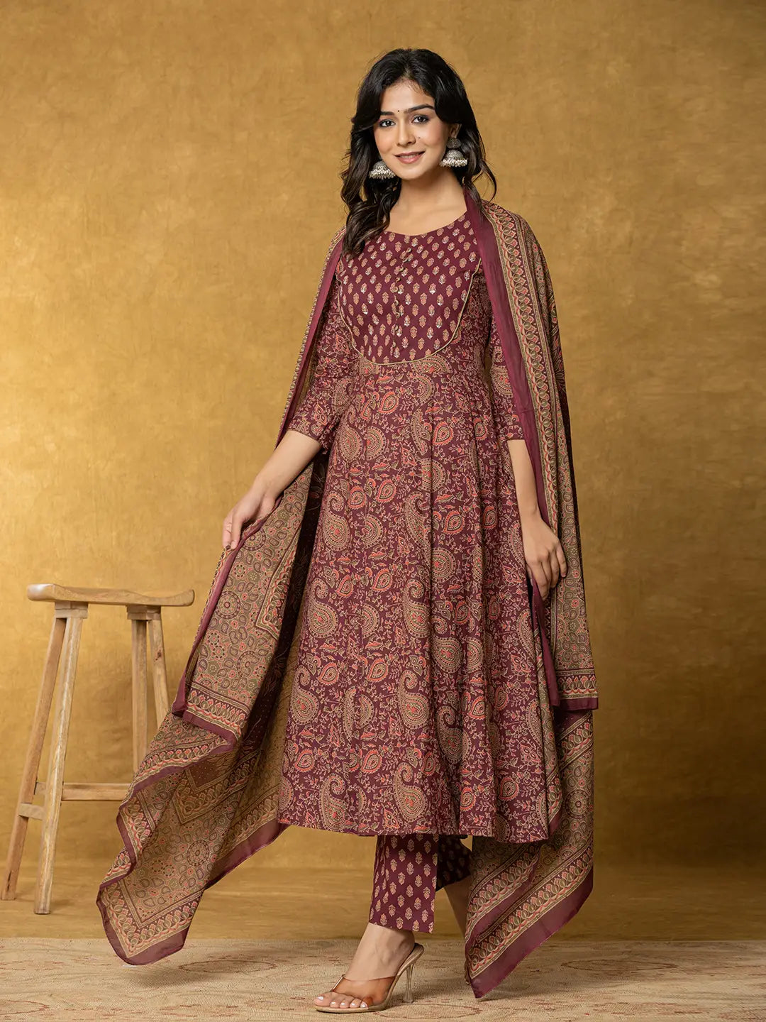Yufta Burgundy Sequins_Work Cotton Anarkali Kurta Dupatta Set