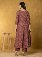 Yufta Burgundy Sequins_Work Cotton Anarkali Kurta Dupatta Set