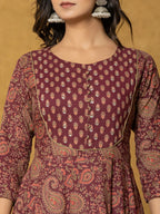 Yufta Burgundy Sequins_Work Cotton Anarkali Kurta Dupatta Set