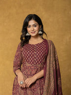 Yufta Burgundy Sequins_Work Cotton Anarkali Kurta Dupatta Set