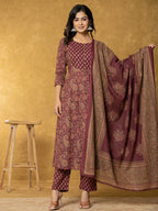 Yufta Burgundy Sequins_Work Cotton Anarkali Kurta Dupatta Set