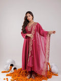 Yufta Hot Pink Silk Embroidered Kurta Dupatta Set