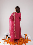 Yufta Hot Pink Silk Embroidered Kurta Dupatta Set