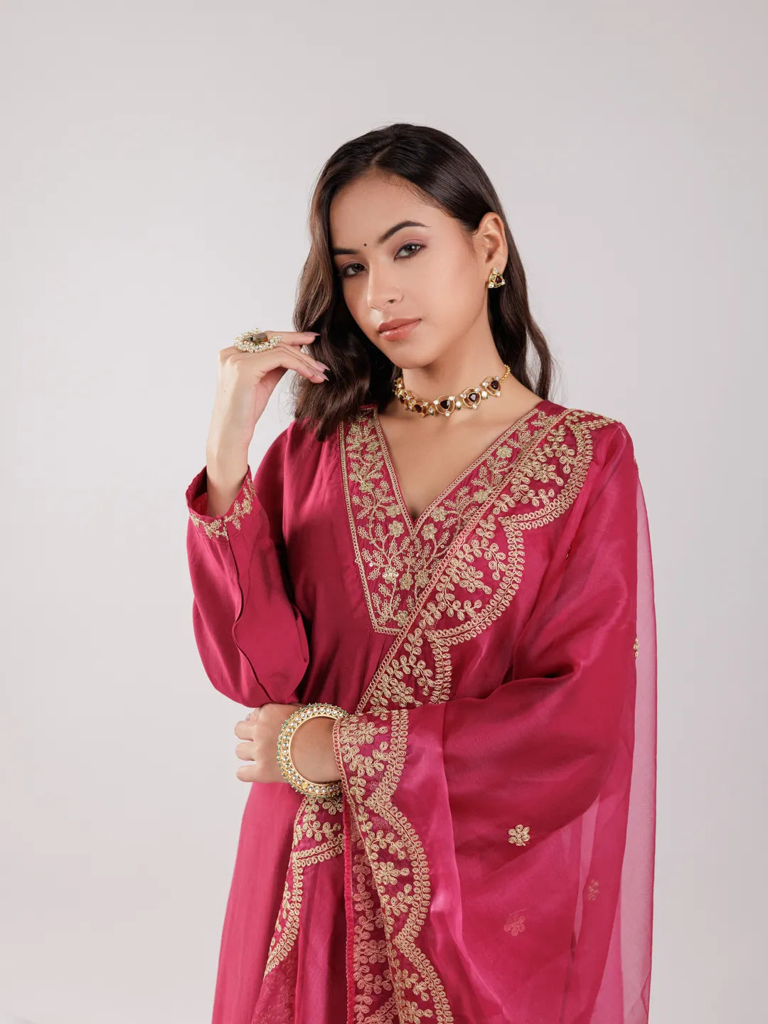 Yufta Hot Pink Silk Embroidered Kurta Dupatta Set