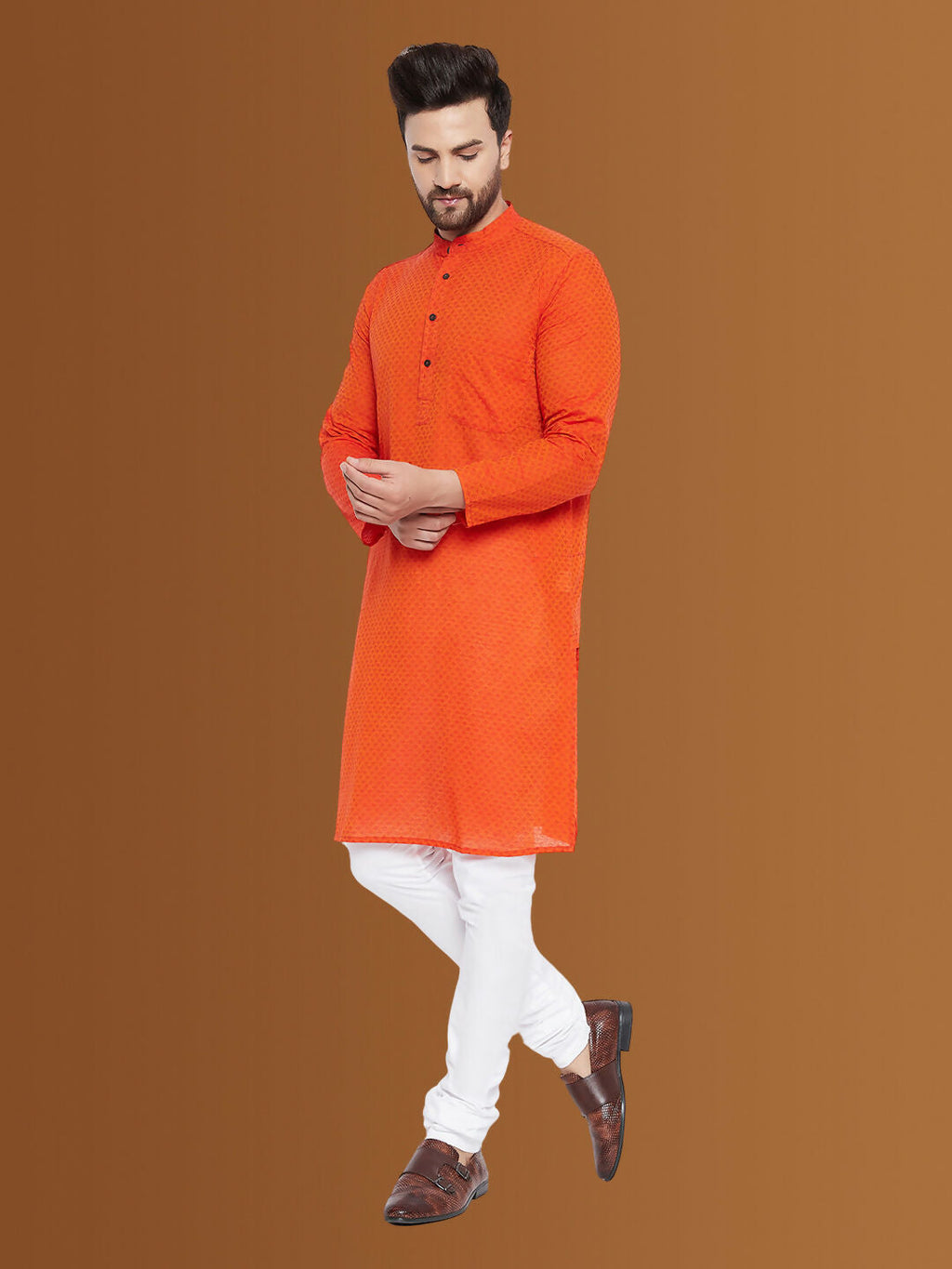 Even Apparels Men's Pure Cotton Orange Kurta