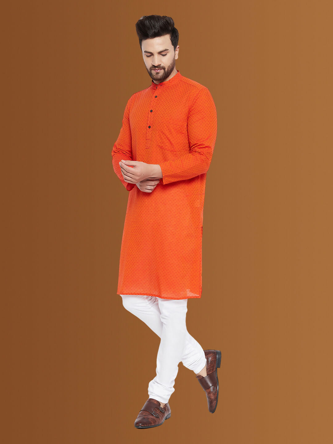 Even Apparels Men's Pure Cotton Orange Kurta