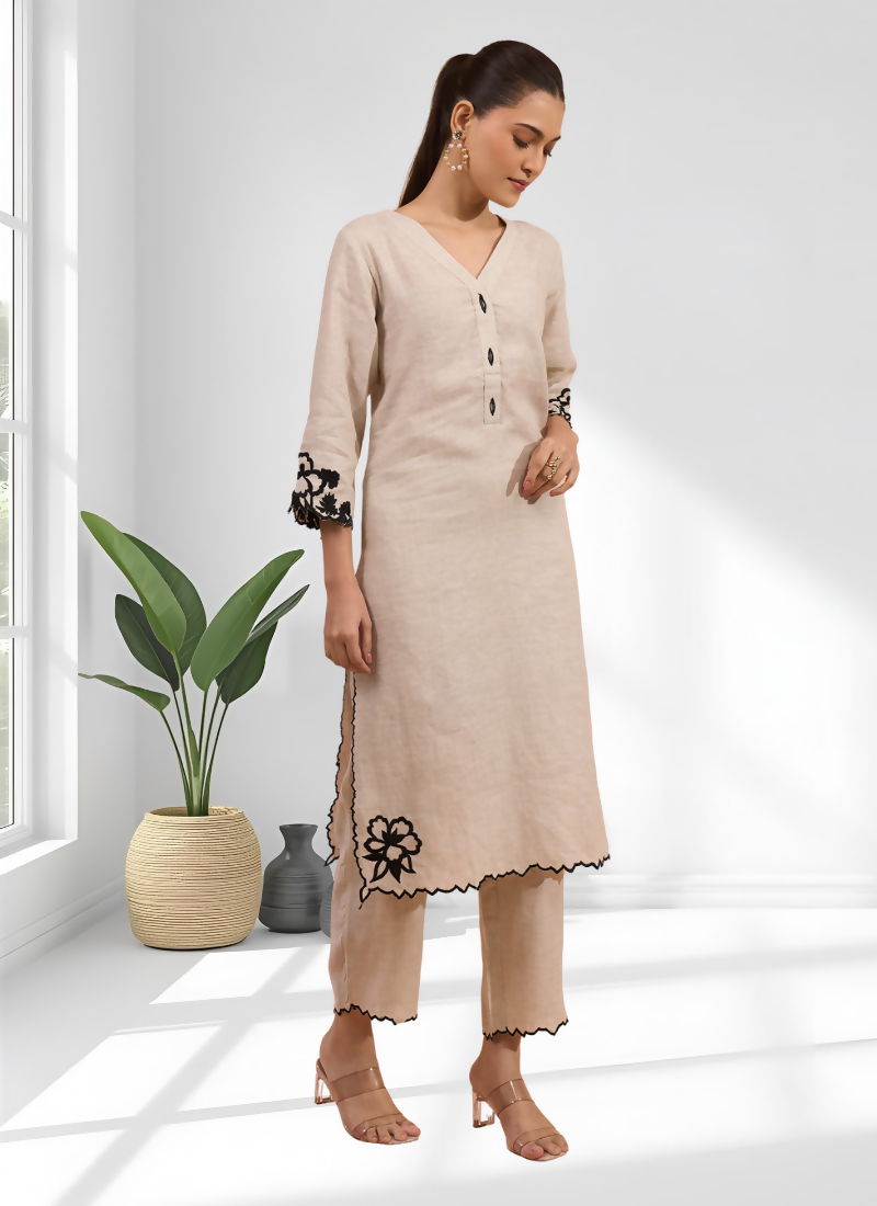 Joban Fashion Beige Linen Embroidered Readymade Long Kurta With Pant - Distacart