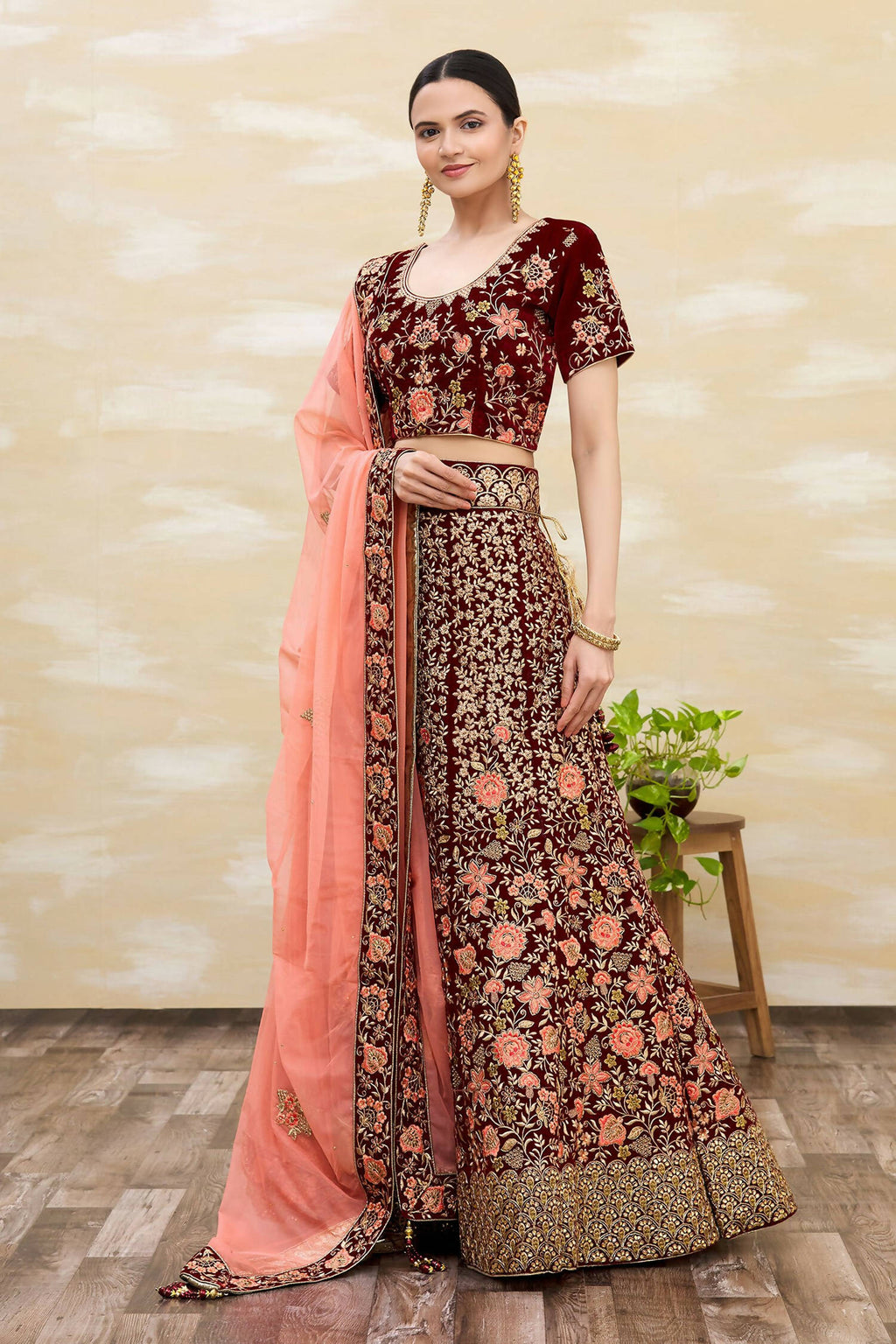 Maroon Velvet Semi-Stitched Wedding Bridal Lehenga - Nimaya