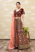 Maroon Velvet Semi-Stitched Wedding Bridal Lehenga - Nimaya