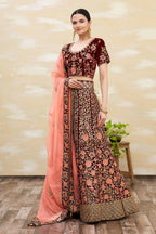 Maroon Velvet Semi-Stitched Wedding Bridal Lehenga - Nimaya