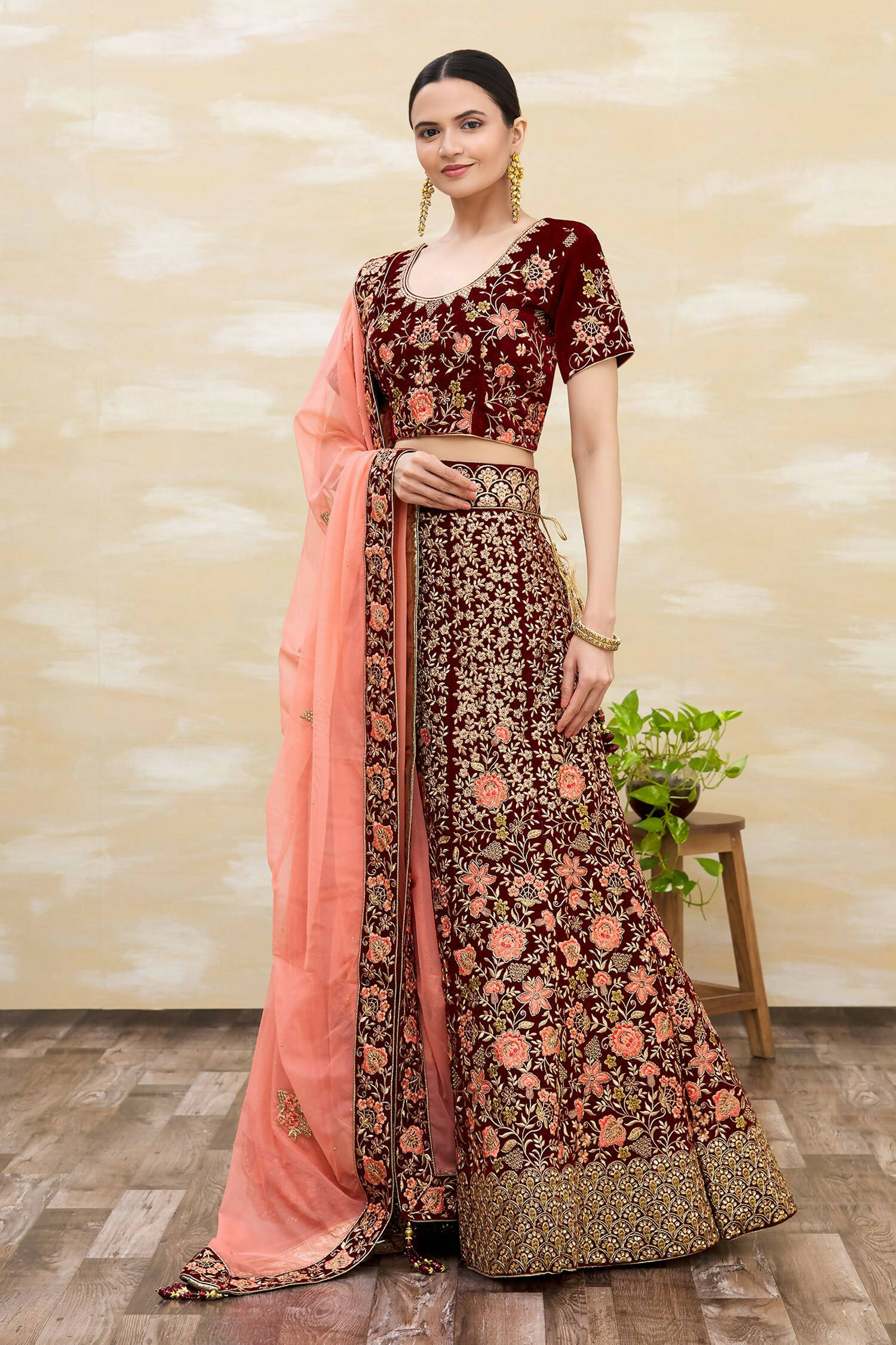 Maroon Velvet Semi-Stitched Wedding Bridal Lehenga - Nimaya