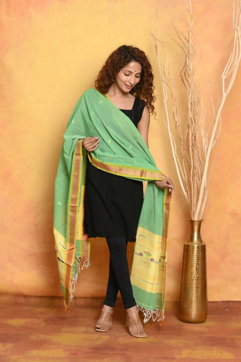 Very Much Indian Handloom Pure Cotton Paithani Dupatta - Green
