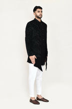 Joban Fashion Black Colored Velvet Based With Full Embroidered Fabric Open Jacket, Indo Western With Pant