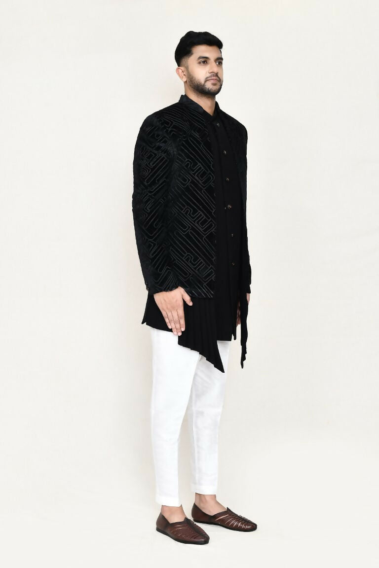 Joban Fashion Black Colored Velvet Based With Full Embroidered Fabric Open Jacket, Indo Western With Pant