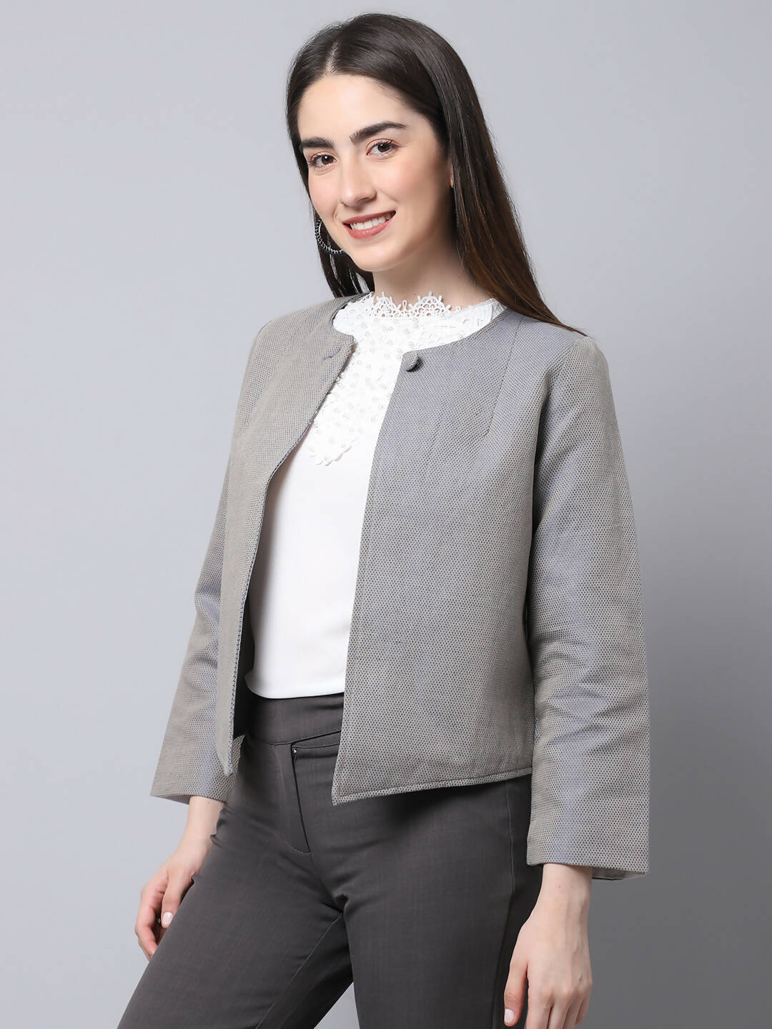 Even Apparels Grey Polywool Open Front Statement Women's Jacket (BF006)