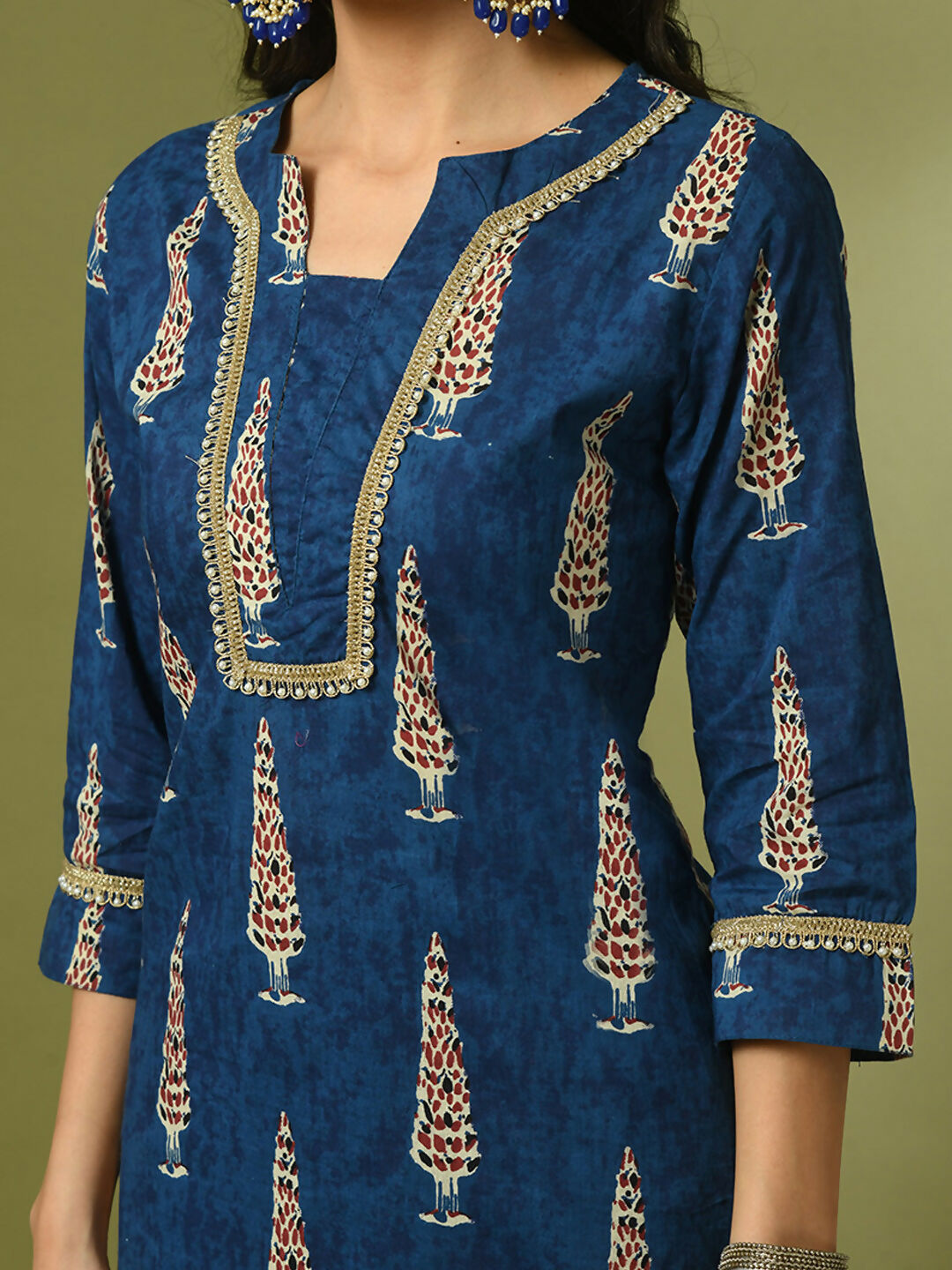 Myshka Women's Blue Printed Cotton Straight Party Kurta Set
