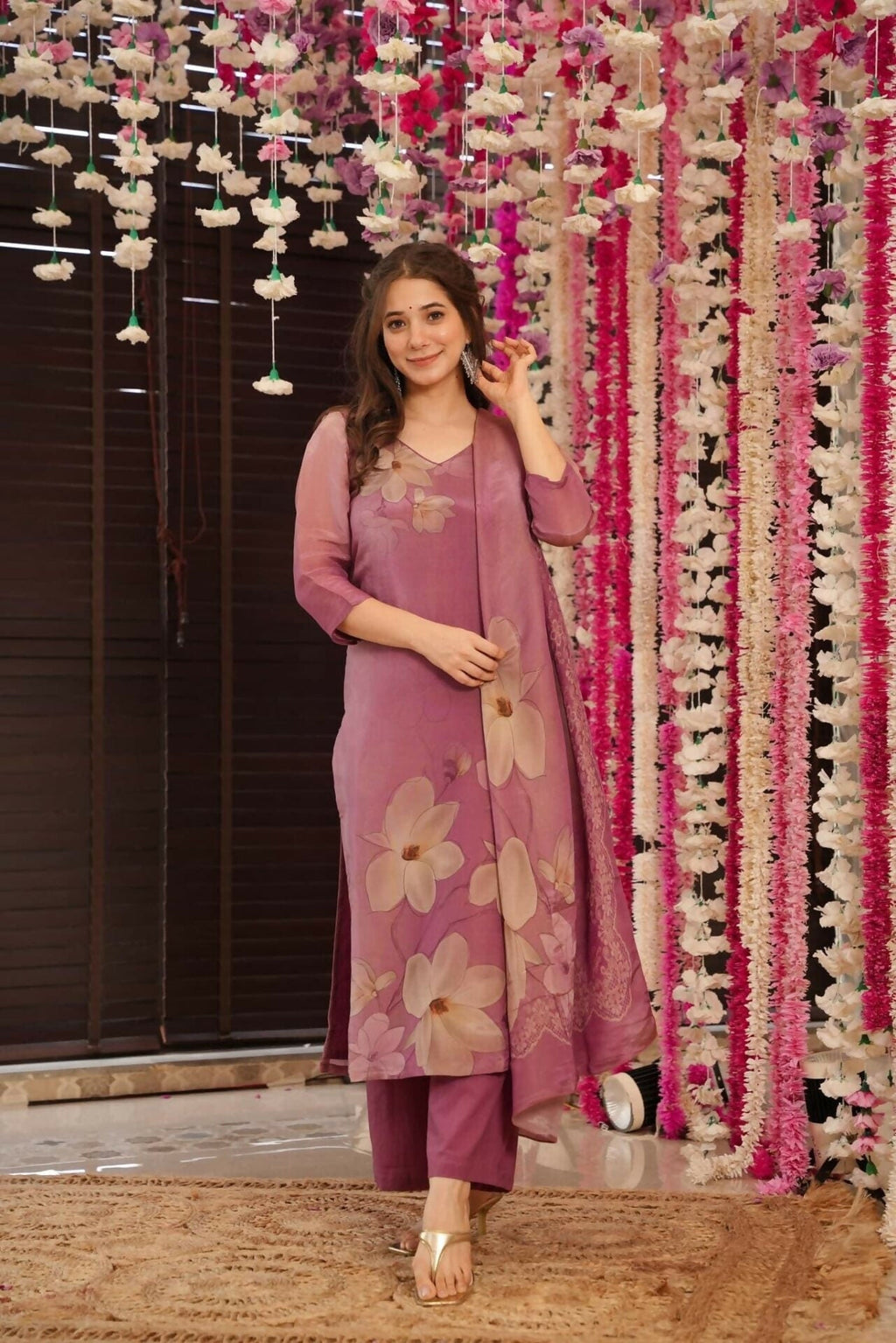The52 Onion Gorgeous Floral Printed Zarna Silk Fabric Straight Kurta Pant with Dupatta Set - Distacart