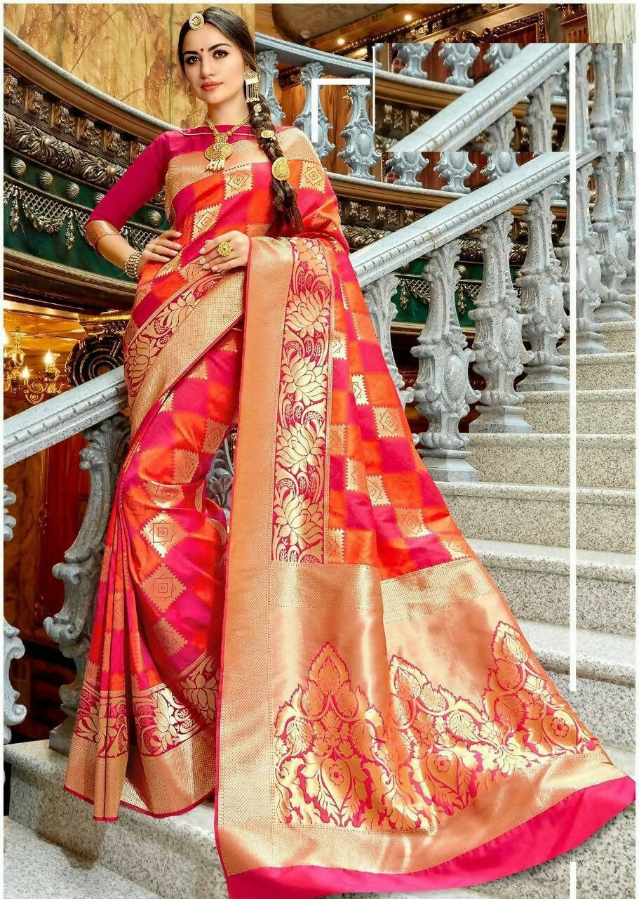 DEIANA'S Beautiful Designer Golden zari Soft Lichi Silk Saree - Red