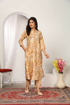 Jyoti Fashion Women's Beige Chanderi Silk Floral Print with Side Pocket Kurtis & Sets