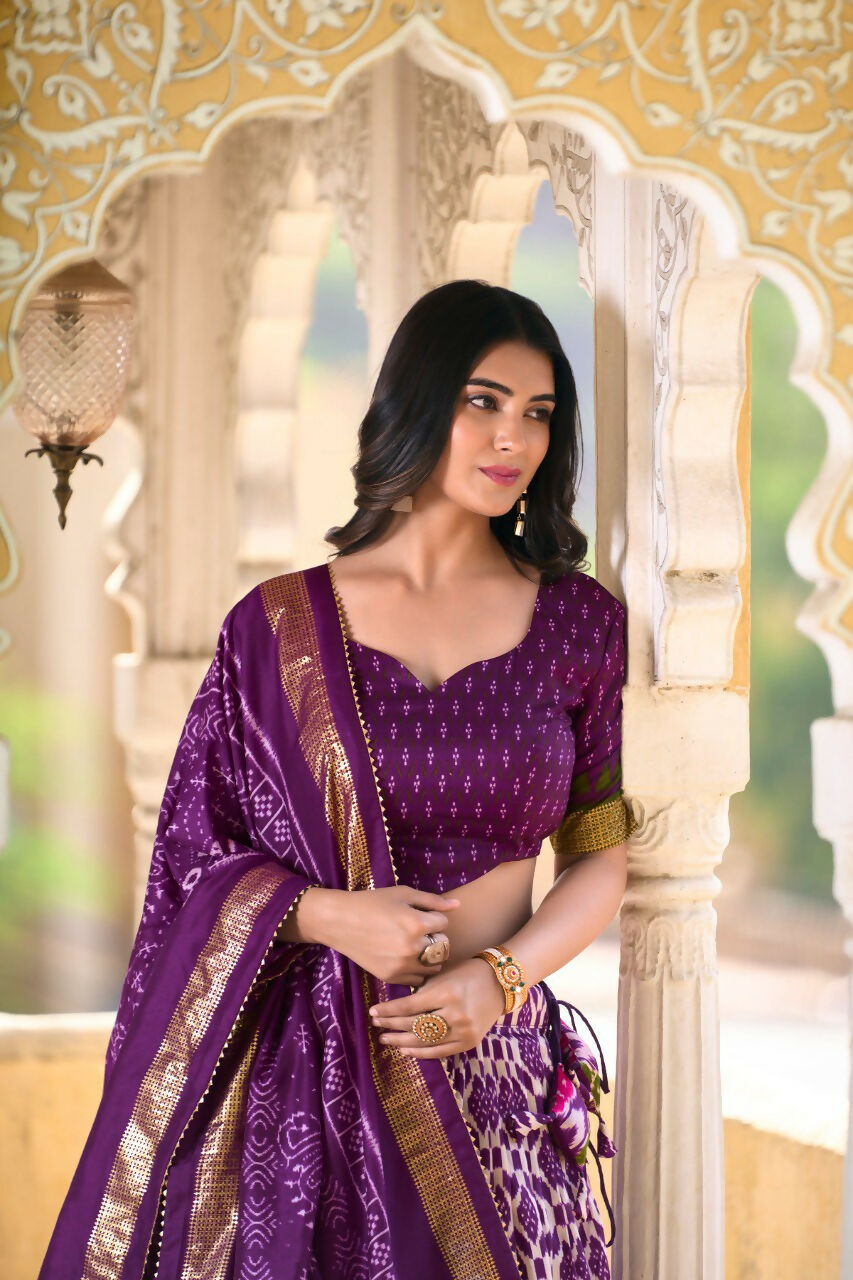 Vastranavya Designer Ikkat Print With Foil Work Lehenga Choli - Purple
