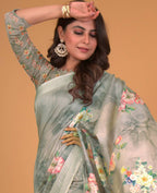 Green Cotton Silk Floral Printed Saree With Unstitched Blouse Piece - Akshita