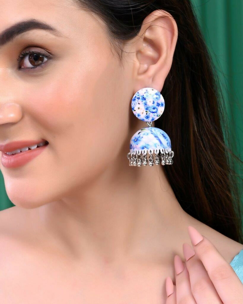 VOJ Set Of 2 Earrings- Blue Printed Jhumka With Black AD Studded Drop Earrings - Distacart