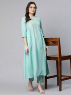 Ahalyaa Women Sea Green Colour Pure Cotton Gold Foil Print Kurta Pant Set - Distacart