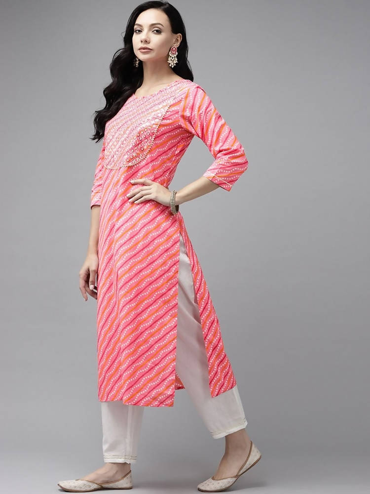 Yufta Women Pink Bandhani Yoke Design Regular Sequined Pure Cotton Kurta with Palazzo