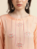Peach Poly Cotton Yoke Embroidered A-line Top - Tarini