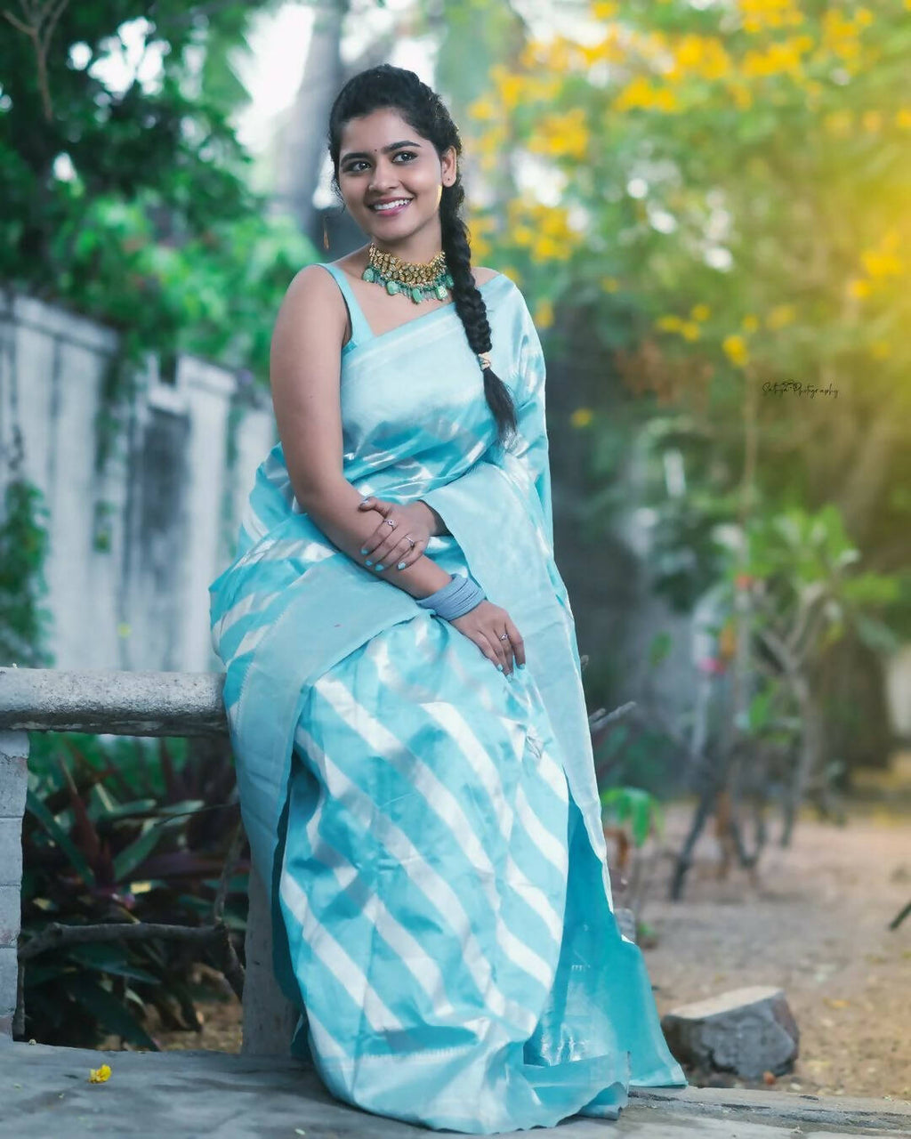 DEIANA'S Beautiful Designer Golden zari Soft Lichi Silk Saree - Sky