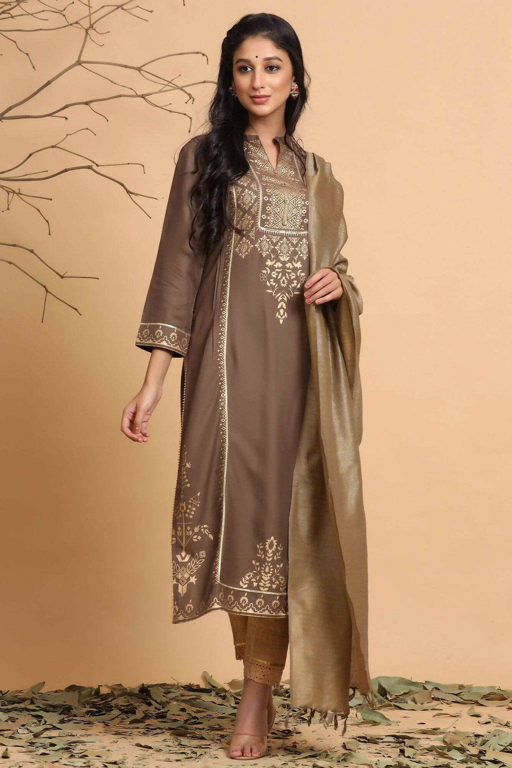 Juniper Women's Brown Rayon Printed Straight Kurta Set - Distacart