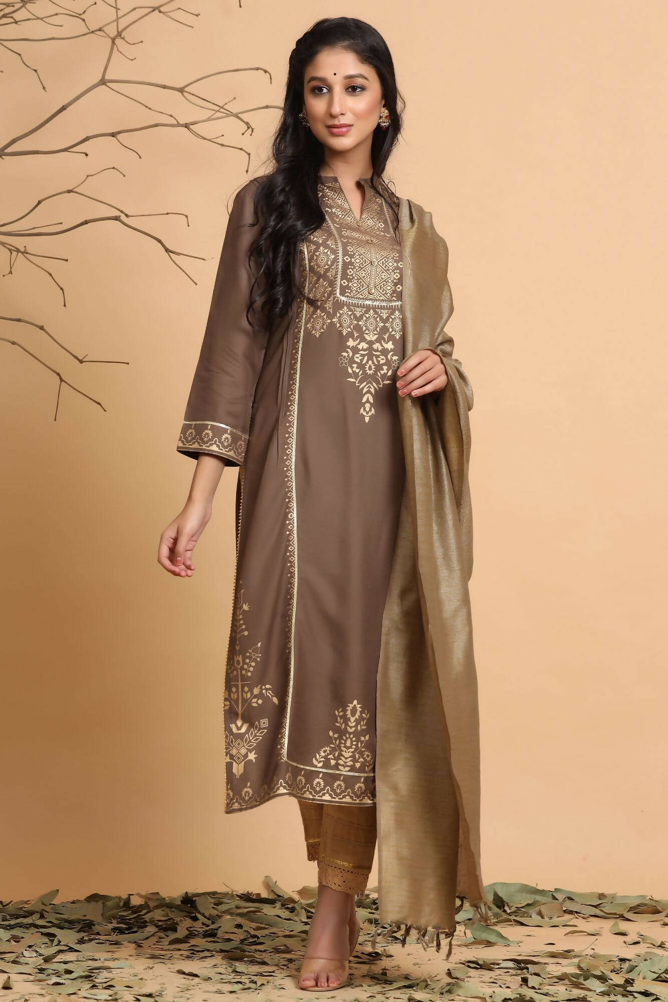 Juniper Women's Brown Rayon Printed Straight Kurta Set - Distacart