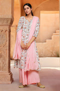 Joban Fashion White Based Flower Printed 'A' Line Princess Cut Cotton Kurti With Contrast Palazzo Set