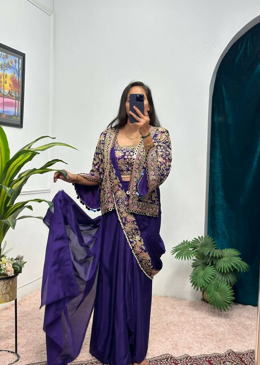 Teeya Creation Purple Color Chinon Silk Embroidery Work Ready To Wear Party Wear Saree With Koti - Distacart