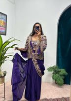 Teeya Creation Purple Color Chinon Silk Embroidery Work Ready To Wear Party Wear Saree With Koti - Distacart