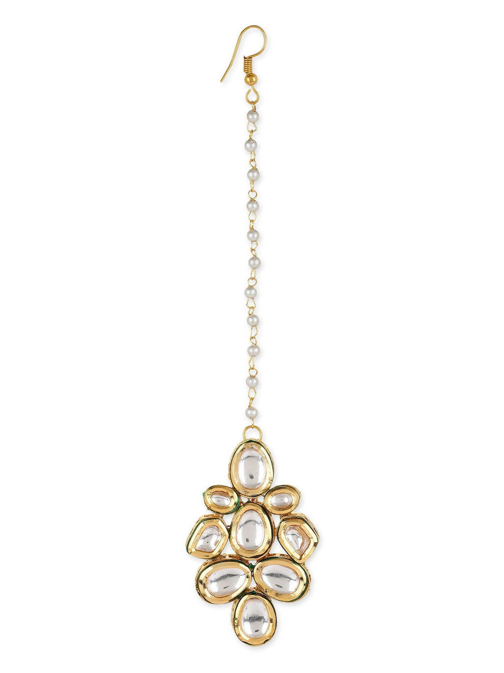 White Gold-Plated Kundan Studded Beaded Maang Tikka - Ruby Raang - Distacart