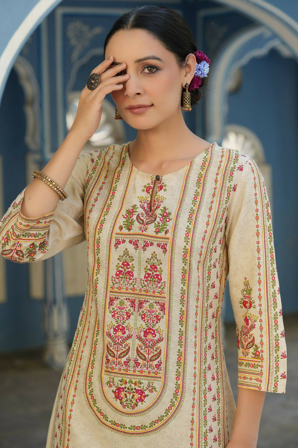 Juniper Women's Cream Rayon Staple Placement Printed A-Line Kurta - Distacart