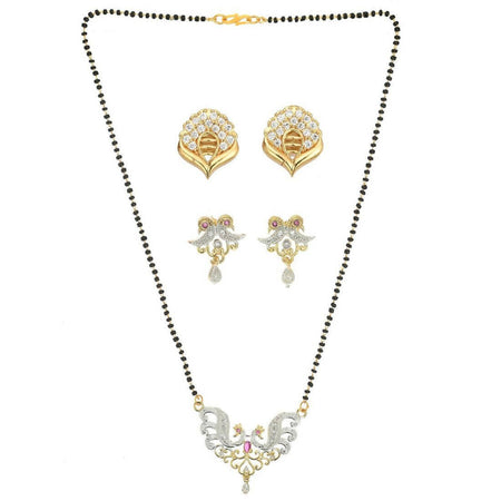 AanyaCentric Gold-Polished Mangalsutra with Pendant, 2 Pair Earrings