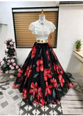 Dishitha Creation Floral Printed Stitched Lehenga & Crop Top - White & Black