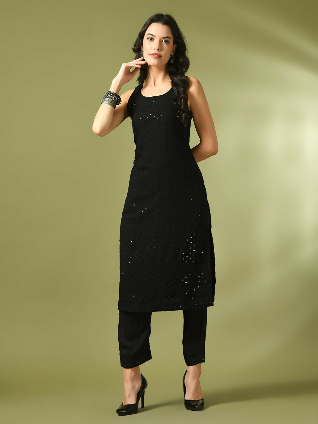 Myshka Women's Black Embroidered Cotton Straight Party Kurta Set