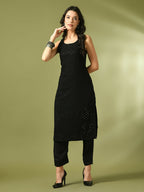 Myshka Women's Black Embroidered Cotton Straight Party Kurta Set