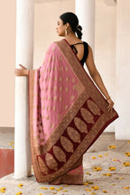 Joban Fashion Nude Pink Crepe Chiffon Pure Handloom Banarasi Silk Saree
