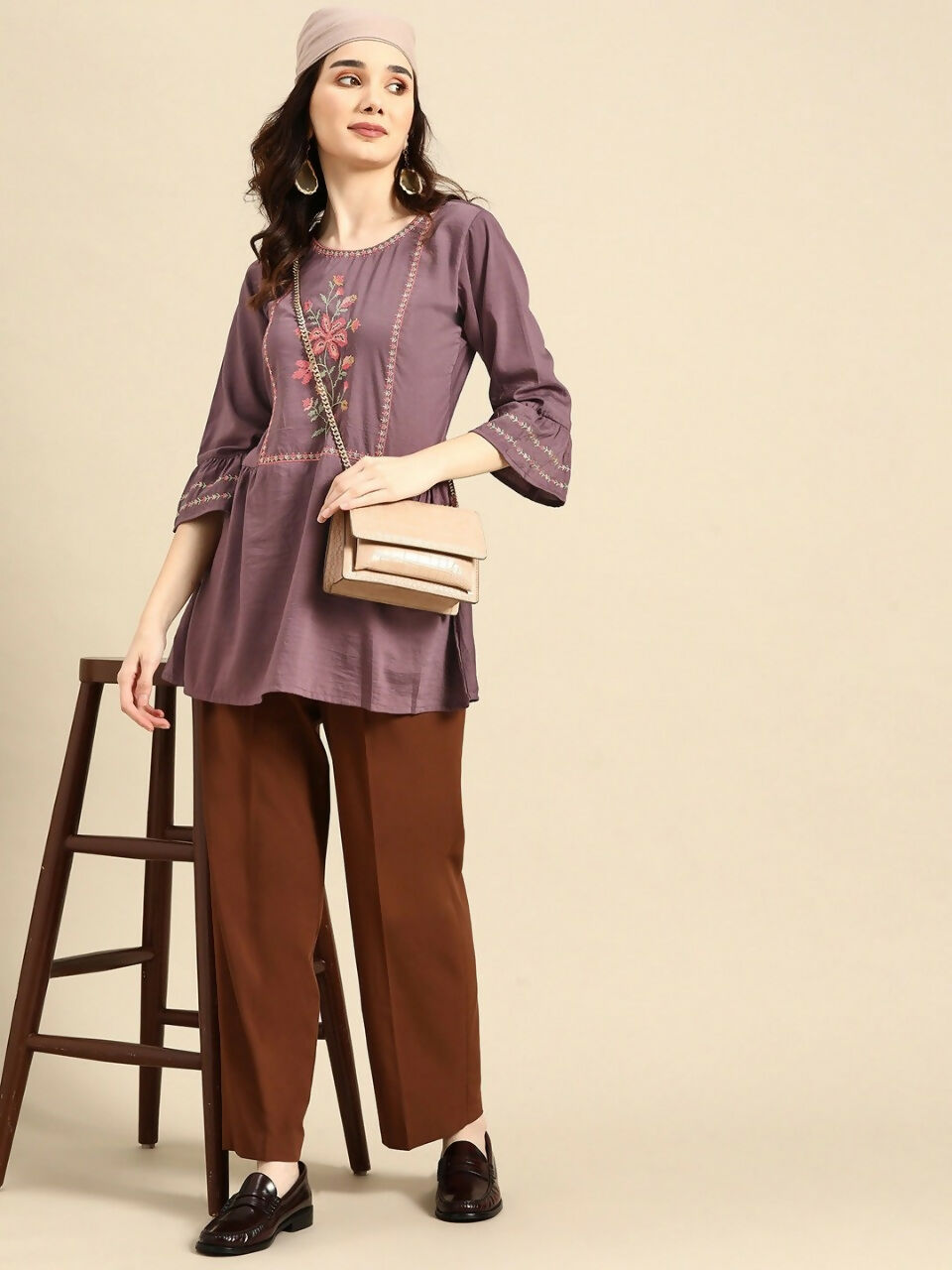 Women's Purple Viscose blend Embroidered Short Top - Marina
