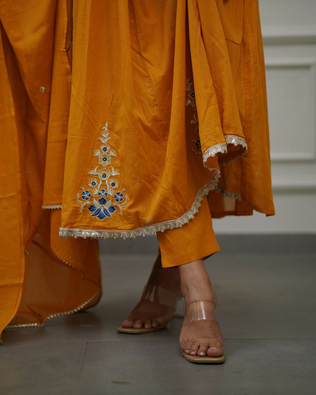 The52 Orange Women's Gorgeous Viscose Fabric Embroidered Work Flared Kurta Pant and Dupatta Set - Distacart