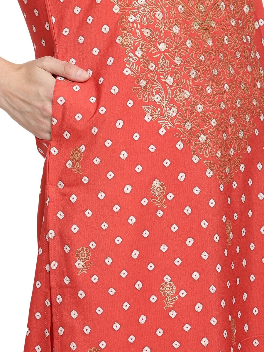 Ahalyaa Red Crepe Bandhani Gold Printed Kurta Pant With Dupatta