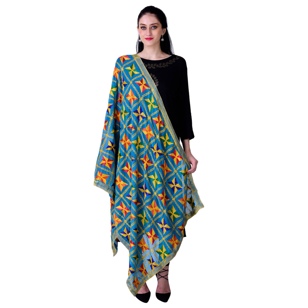 SWI Stylish Women's Embroidered Phulkari Chiffon Turquoise Dupatta