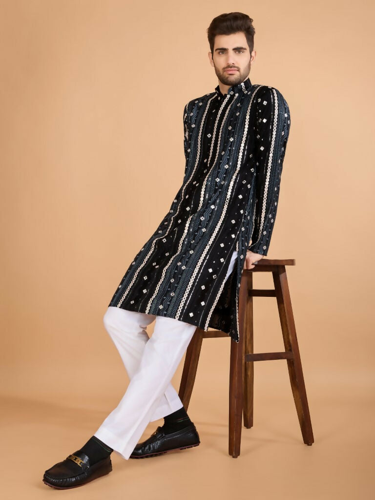 Vastranavya Black Exclusive Festival Wear Pure Viscose Rayon Sequence & Foil Mirror Heavy Embroidered Work Kurta
