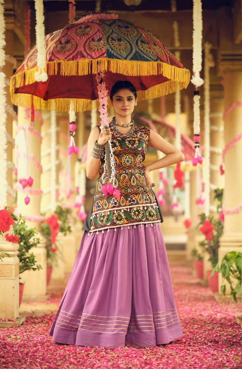Teeya Creation Lavender Colour Rayon Silk Embroidery Work Fully Stitched Navratri Lehenga