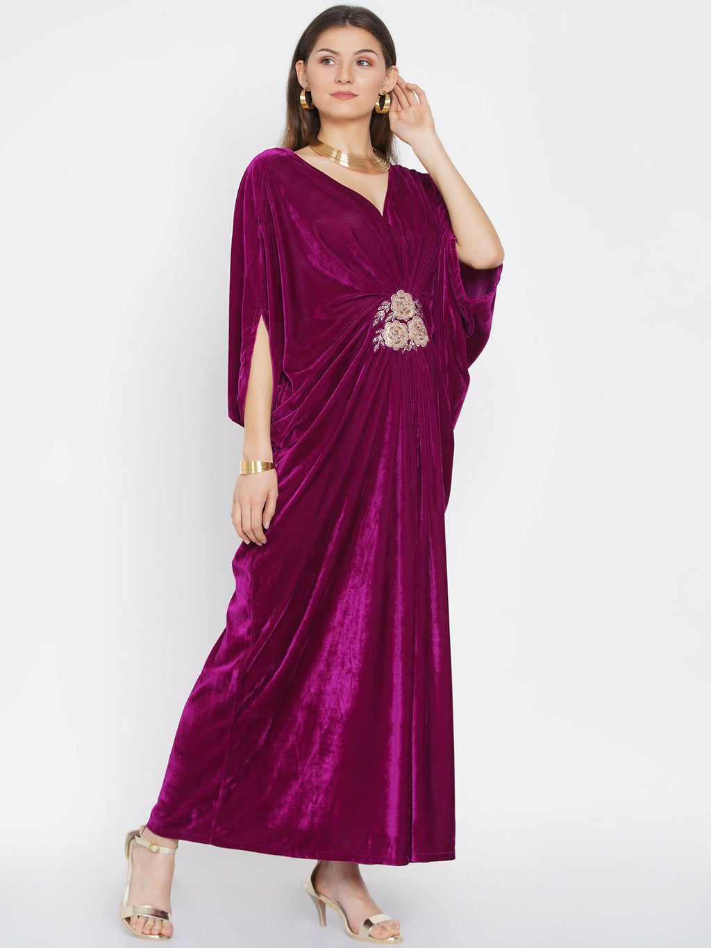 Women Republic Wine Velvet Embroiderd Gown - Distacart