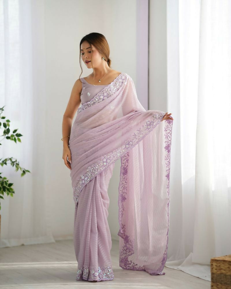 Georgette Designer Sequance Embroidery Work Party Wear Saree - Lavender